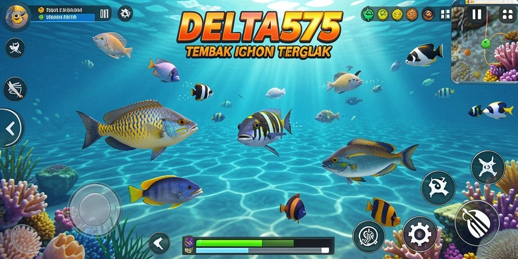 Tangkapan layar gameplay DELTA575 yang menampilkan aksi tembak ikan yang seru.