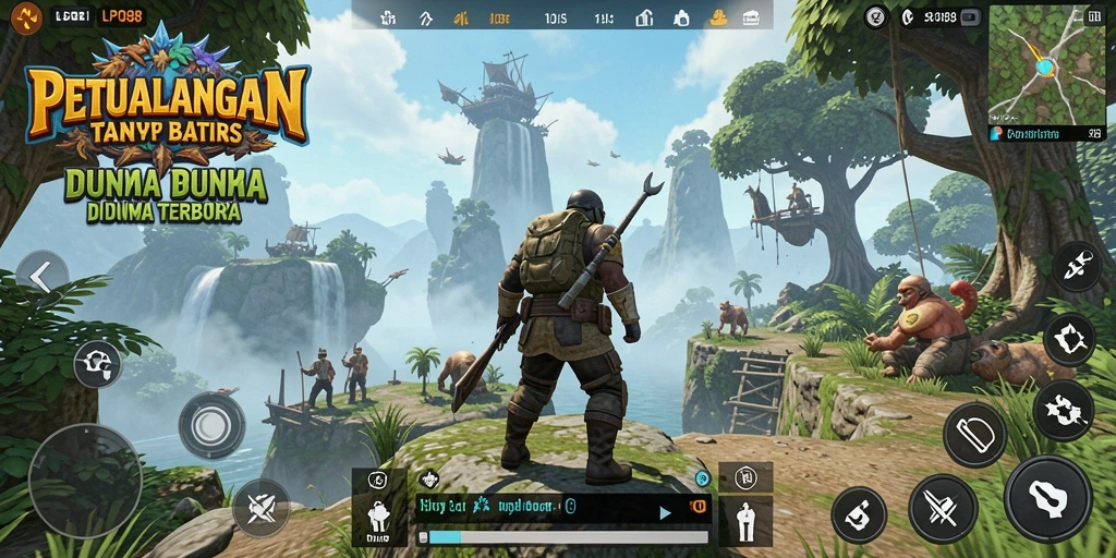 Screenshot gameplay LPO88 menunjukkan pemandangan indah dunia terbuka.