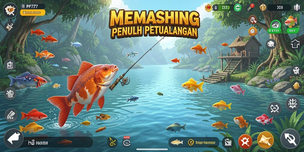 Screenshot gameplay PF777 menunjukkan aksi mendebarkan saat menangkap ikan.
