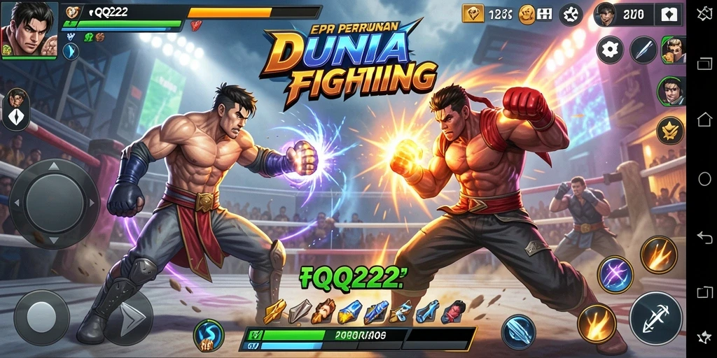 Screenshot menampilkan pertarungan seru antara dua karakter di arena yang epik.