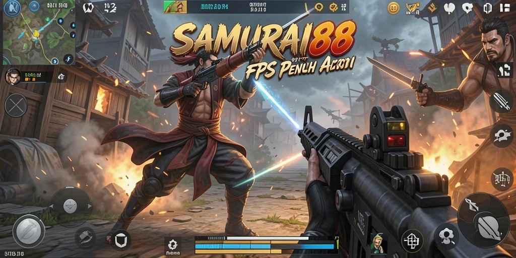 Screenshot gameplay menegangkan dari SAMURAI88, memperlihatkan aksi tembak-menembak yang seru.