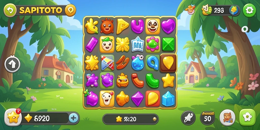 Screenshot gameplay SAPITOTO menampilkan pencocokan warna-warni yang memikat.