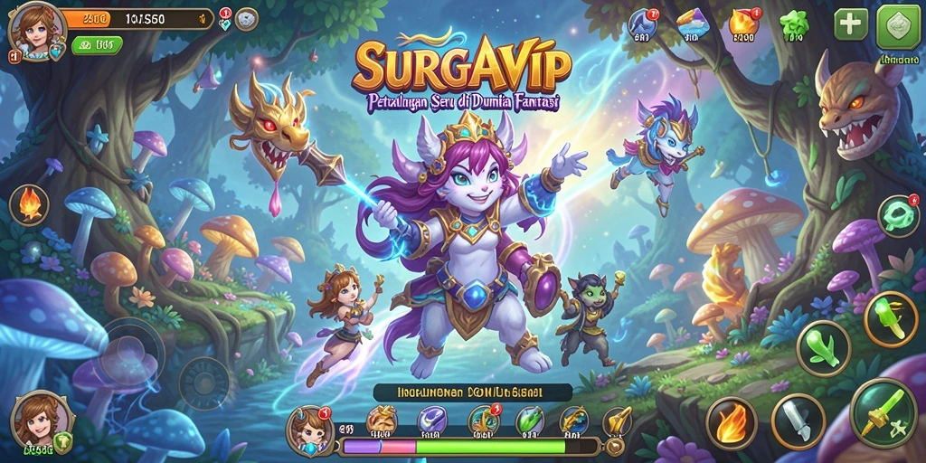 Screenshot gameplay SURGAVIP menunjukkan pemain menjelajahi dunia fantastis.
