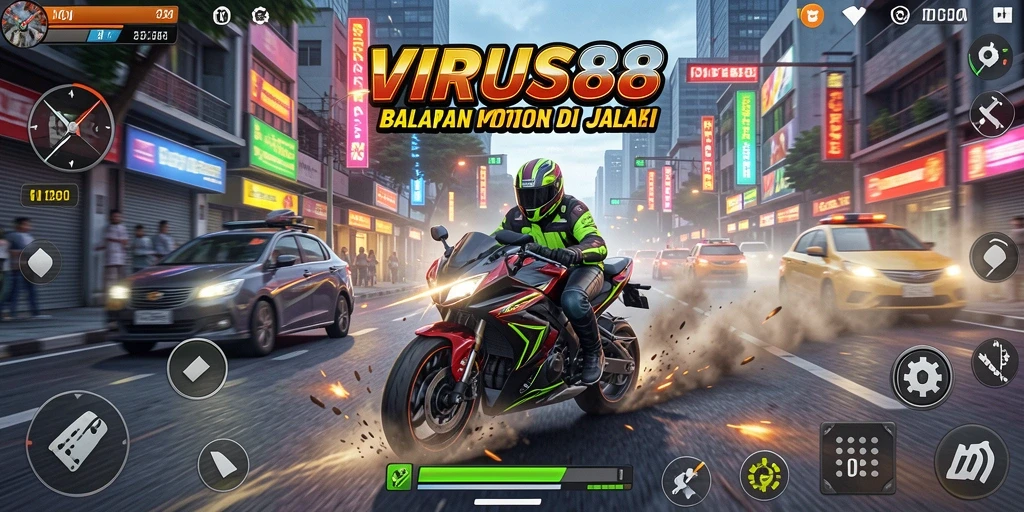 Tangkapan layar gameplay VIRUS88 yang menunjukkan aksi balapan motor yang mendebarkan.