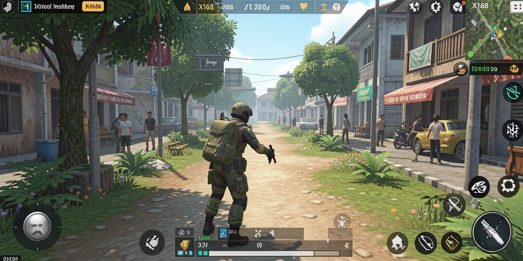 Screenshot gameplay X168 menampilkan karakter dalam simulasi kehidupan.