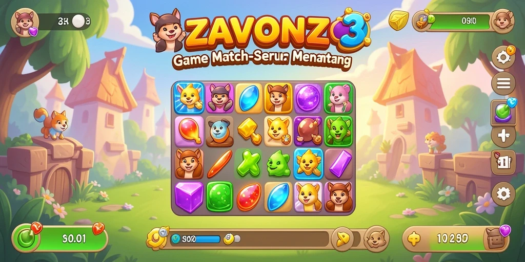 Tampilan menarik gameplay ZAVONZO saat mencocokkan permata.